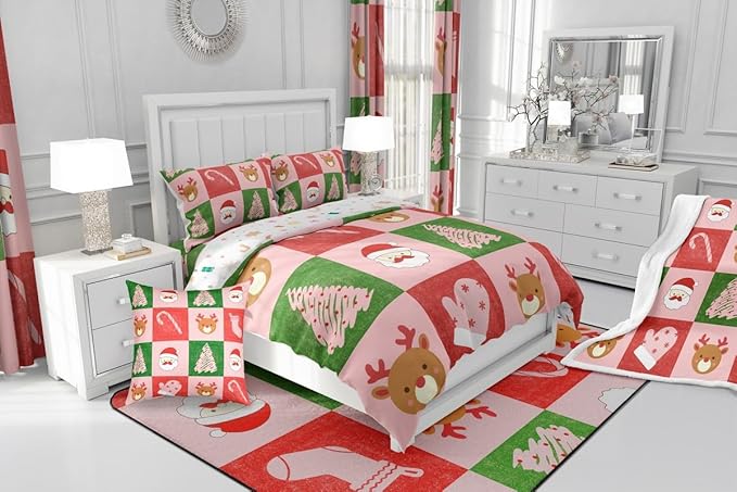 Feelyou Merry Christmas Bedding Set Soft for Boys Girls, Xmas Tree Santa Claus Comforter Set Toddler Size Candy Cane Deer Duvet Quilt Microfiber Patchwork Bedroom Decor 2 Pcs with 1 Pillow Cases