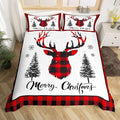jejeloiu Christmas Bedding Set for Kids Boys Girls Xmas Deer Elk Antlers Comforter Cover Set Full Size Buffalo Check Grid Duvet Cover Bedroom Decor Xmas Bedding Collection 3Pcs