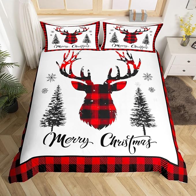 jejeloiu Christmas Bedding Set for Kids Boys Girls Xmas Deer Elk Antlers Comforter Cover Set Full Size Buffalo Check Grid Duvet Cover Bedroom Decor Xmas Bedding Collection 3Pcs