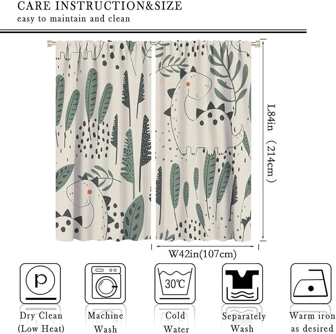 Funny Dinosaur Curtains, Jungle Cute Cartoon Animals Tropical Leaves Plant Beige Green Print Blackout Window Treatments for Kids Boys Girls Bedroom Living Room 84x84in