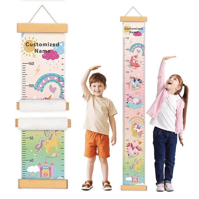 Personalized Name Growth Chart Wall Decor for Kids – Canvas Removable Height Chart Measuring Ruler 59" x 7.9" (Painted Unicorns)