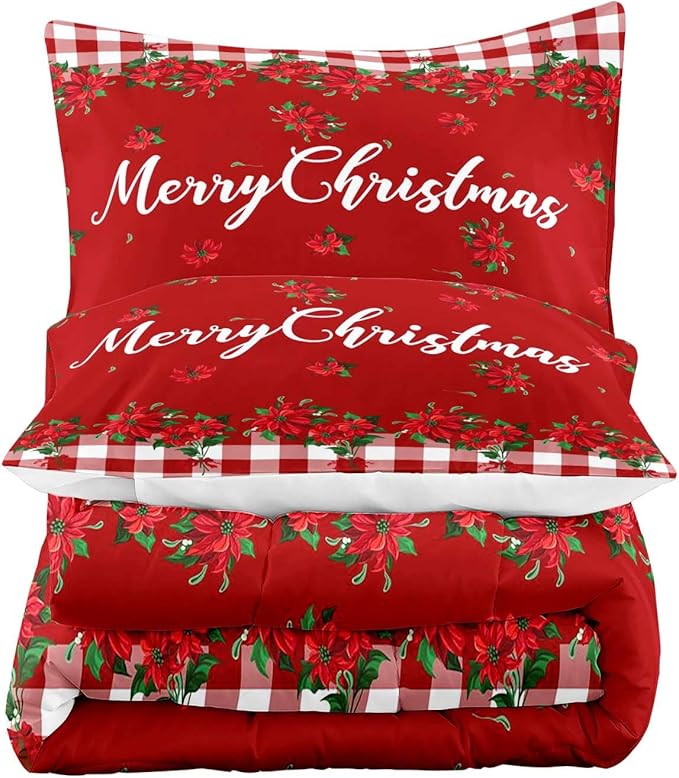 LUVIVIHOME 3PCS Christmas Comforter Set Queen Size, Farmhouse Bedding, Holiday New Year Xmas Floral Checkered Red Buffalo Plaid Bedding, Poinsettia Christmas Decorations, Xmas Gifts, 2 Pillow Cases