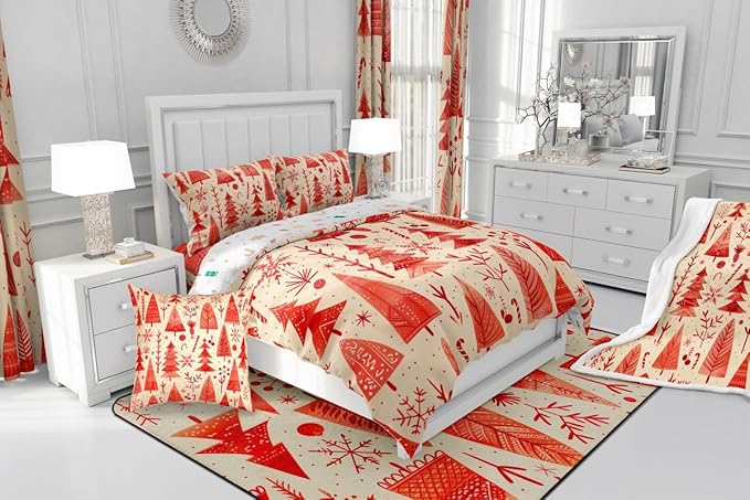 Feelyou Christmas Bedding Set Soft for Boys Girls, Xmas Tree Comforter Set Twin Size Snowflake Candy Duvet Quilt Microfiber Pine Tree Bedroom Decor 2 Pcs with 1 Pillow Cases