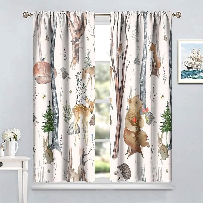 Rustic Forest Window Curtains Curtains, Woodland Animal Bear Deer Hedgehog Fox Squirrel Watercolor Blackout Rod Pocket Treatments Drapes for Boys Girls Bedroom 52x84in