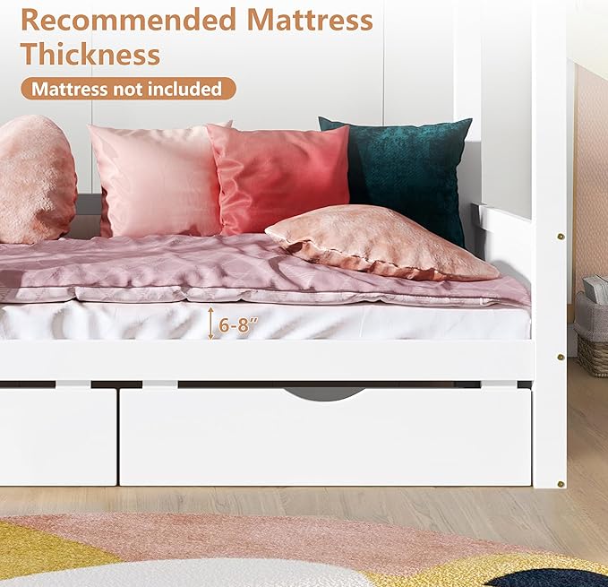 Twin Size Kids House Bed with 2 Storage Drawers, Twin House Bed Frame with Roof and Window, Twin Bed Frames for Kids with Slats, Modern Wooden Montessori Bed for Bedroom, White