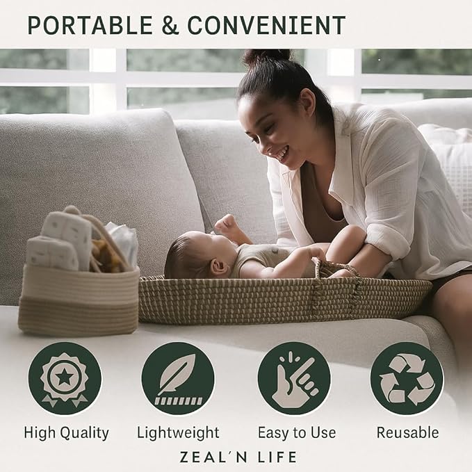 ZEAL'N LIFE Seagrass Baby Changing Basket, Diaper Basket, Baby Towel & Baby Changing Pad and Waterpoof Cover, Premium Handmade Seagrass, Moses Baskets for Newborn (Light Brown)