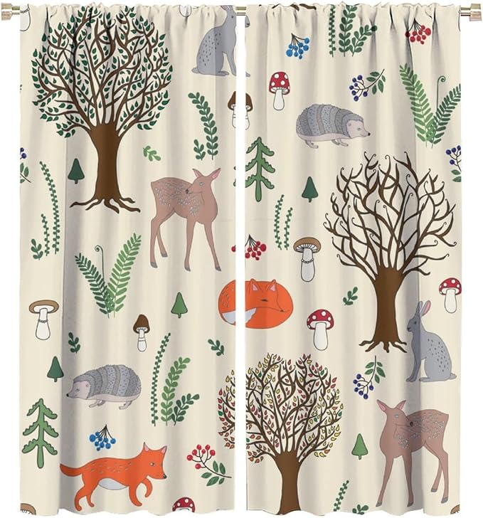 Kids Forest Animal Curtains, Rustic Cute Wild Animal Fox Deer Hedgehog Window Treatments Farmhouse Woodland Window Drapes for Girls Boys Nursery Toddler Bedroom 42x45in