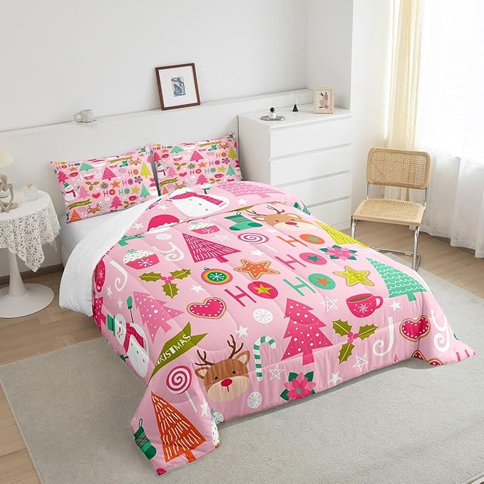 Merry Christmas Kids Comforter Set Twin Size,Cartoon Santa Claus Snowman Bedding Set,Boys Girls Adults Room Decor,Christmas Trees Deer Cute Down Comforter,Pink Romantic Duvet Insert,1 Pillowcase