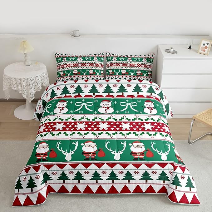 Feelyou Merry Christmas Tree Comforter Set Full Size Cute Snowman Bedding Set for Kids Boys Girls Santa Claus Duvet Quilt Cartoon Bowknot Bedroom Decor Microfiber 3 Pcs with 2 Pillow Cases