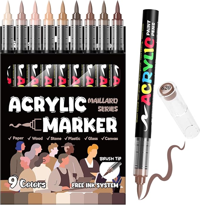 Paint Pens Acrylic Markers - 9 Maillard Series Brush Tip Water Based Marker Pens for Rock Painting, Wood, Ceramic, Glass, Acrylic Paint Markers for Egg Pumpkin