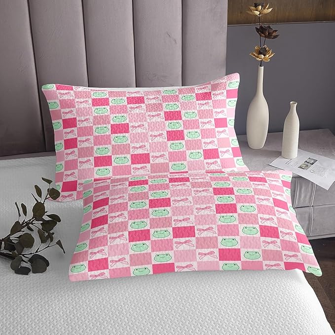 Manfei Cartoon Frog Kids Bedspread King Size,Pink Bowknot Bow Tie Butterfly Knot Coverlet Set,Girls Women Room Decor,Geometric Plaid Grid Patchwork Quilted Coverlet,Cute Bedding Quilt,2 Pillowcases