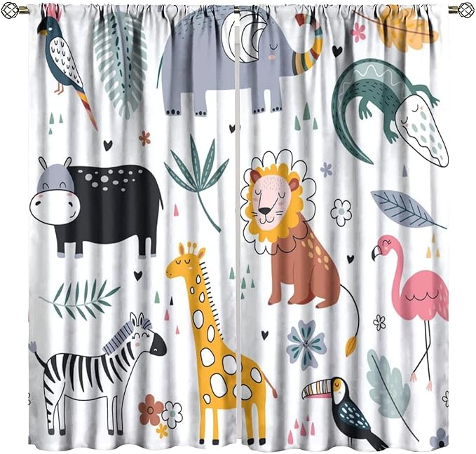 YCness Cartoon Forest Animals Curtains, Woodland Woodland Wild Giraffe Zebra Lion Hippopotamus Window Treatments for Kids Bedroom Living Room Home Nursery Drapes, 42x45 Inch