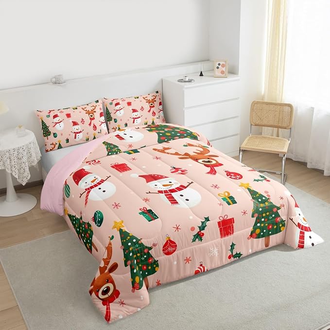 Feelyou Christmas Comforter Set Queen Size Snowman Bedding Set for Kids Boys Girls Deer Xmas Tree Duvet Quilt New Year Gift Bedroom Decor Snowflake Microfiber 3 Pcs with 2 Pillow Cases