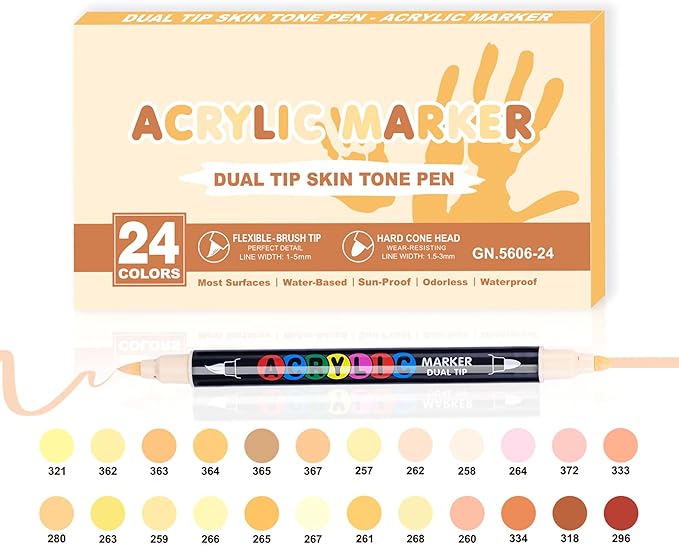 24 Colors Dual Tip Art Markers with Fine & Soft Brush Acrylic Paint Pens Lighter Skin Tone for Paper, Rock Painting, Wood Sign, Drawing for Adult Waterproof