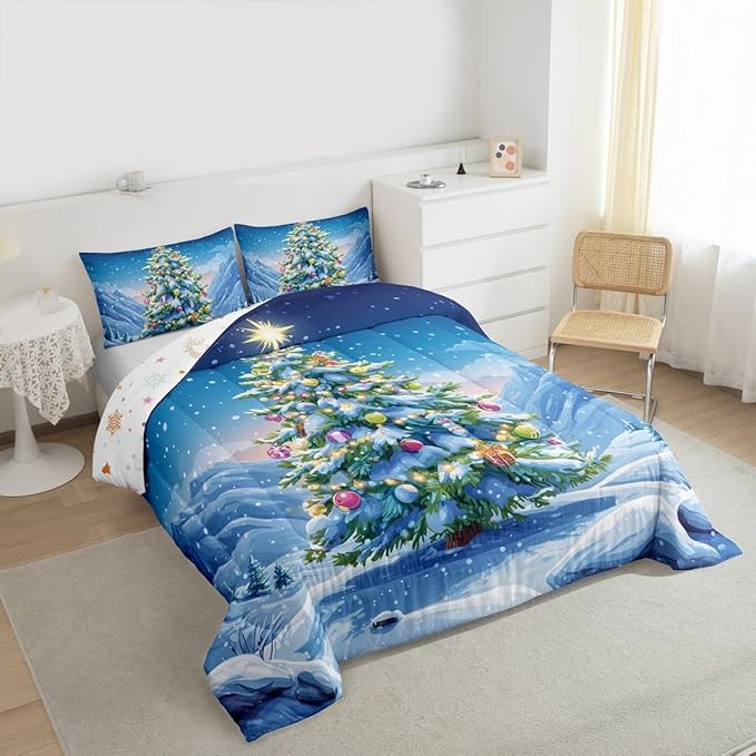 Feelyou Christmas Comforter Set Full Size Xmas Tree Bedding Set for Kids Boys Girls Winter Snowflake Duvet Quilt Christmas Tree Ornaments Bedroom Decor Microfiber 3 Pcs with 2 Pillow Cases