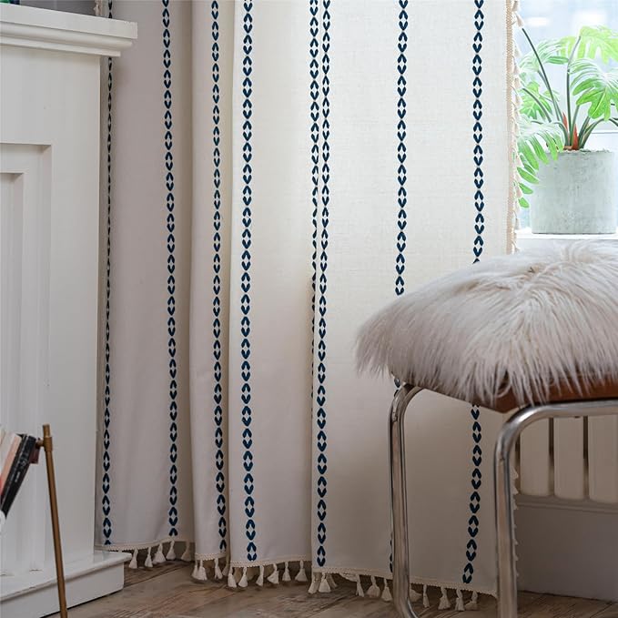 Deeprove Navy Blue Boho Curtains 72 inches Length for Living Room Bedroom Nursery, Vintage Chic Bohemian 72 inches Long Embroidery Farmhouse Tassel Privacy Window Treatments W52 x L72, 1 Panel
