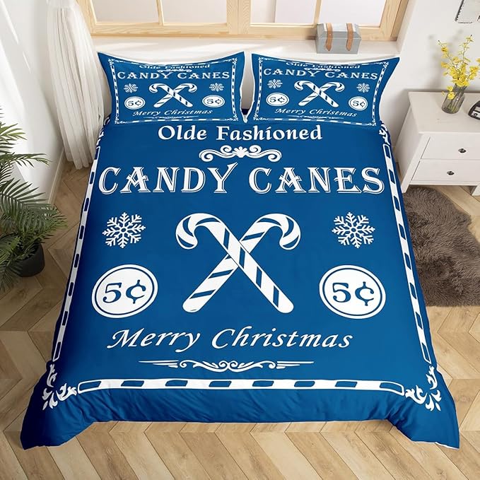 jejeloiu Christmas Bedding Set Queen Size Kids Christmas Quote Comforter Cover Set for Boys Girls Teens Candy Canes Print Duvet Cover Xmas Bedspread Cover Room Decorations Blue Quilt Cover