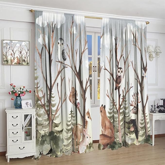 Forest Curtains, Cartoon Woodland Animals Tree Birds Moose Rabbit Mushroom Print Pattern Kids Bedroom Window Treatments Curtains 63x63in