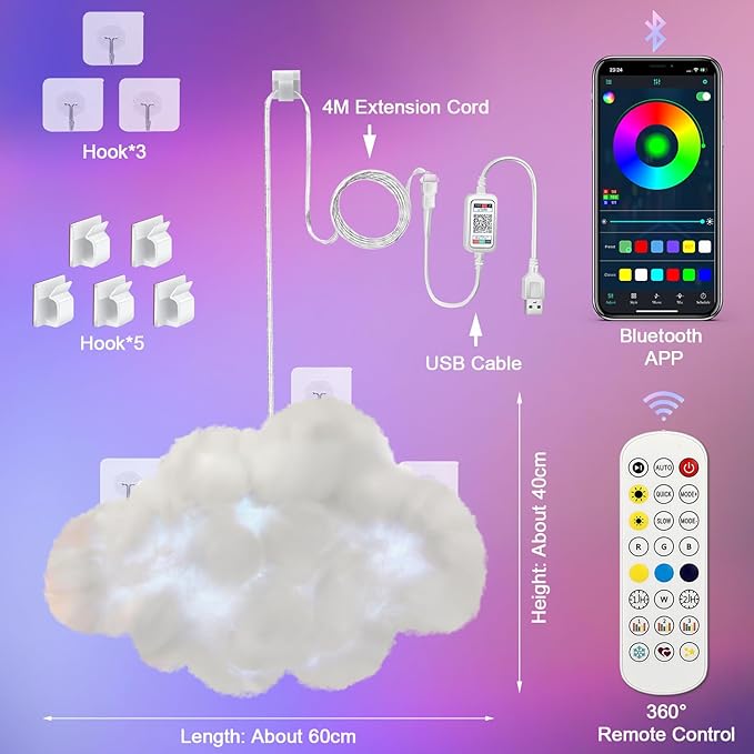 LED Wall Cloud Light for Bedroom, Stick-on Lamp Smart APP and Remote Control, Fluffy Night Light RGB Music Sync for Room, Cool Stuff for Teen Girl, Kids Room Decor (24'')