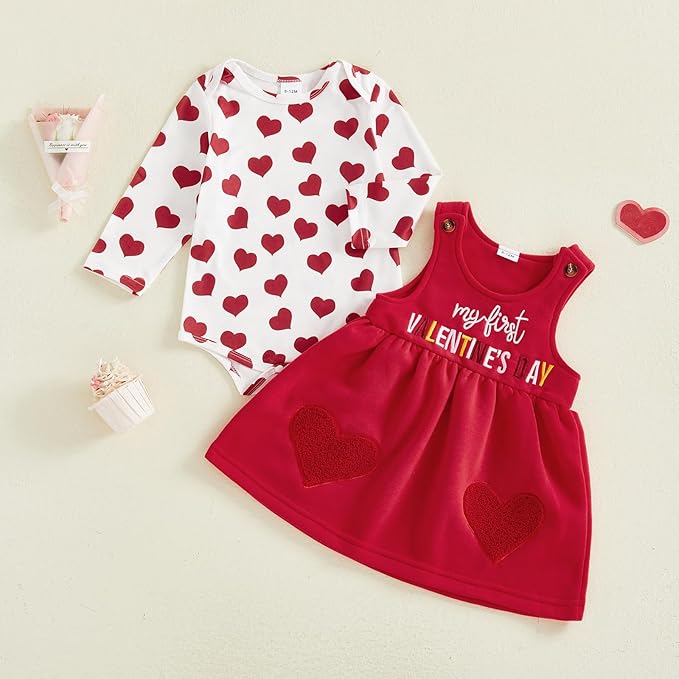 FIOMVA My First Valentines Day Outfit Clothes Baby Girl Romper Love Onesie Heart Embroidery Overalls Suspender Dress Set