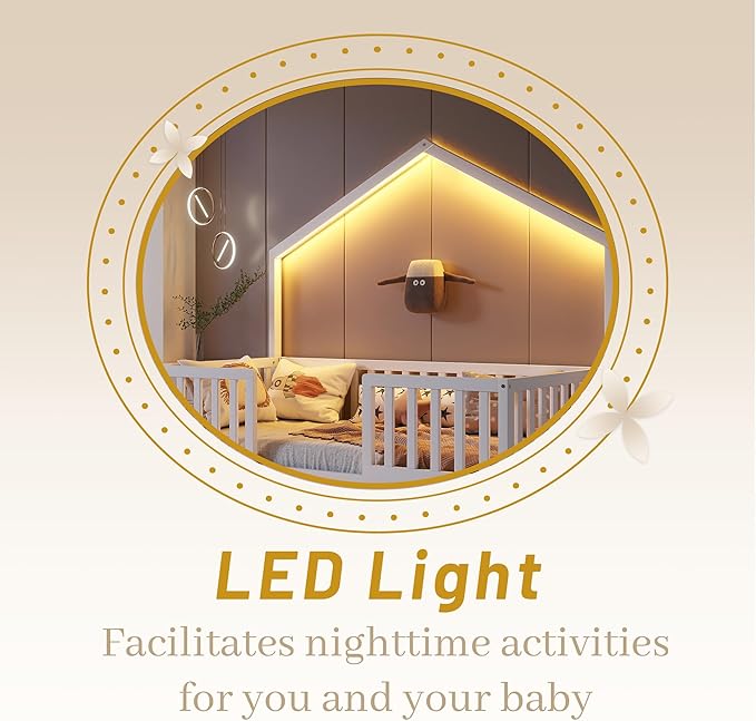 Full Size House Bed for Kids, Low Profile Full Montessori Bed with High Railings, Wood House Shape Montessori Beds with Light & Roof for Kids, White