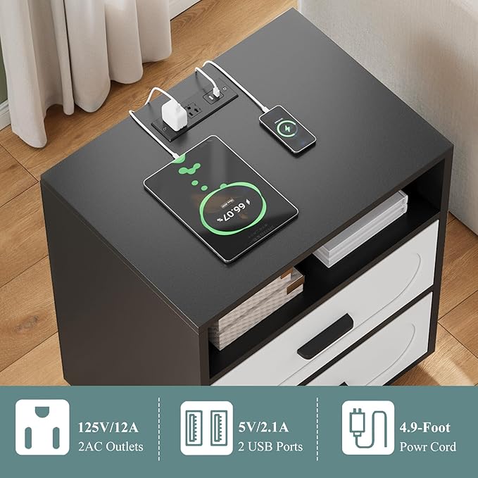 Nightstand Set of 2 with Charging Station, End Table with 2 Drawers Storage, Space-Saving Wood Storage Cabinet with Unique Base Design, Bedside Table for Bedroom, Living Room