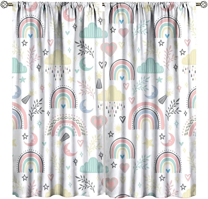 Boho Rainbow Curtains for Kids Nursery Colorful Floral Sun Star Clouds Pastel Bohemian Pattern Print Window Drapes for Girl Bedroom Living Room Kitchen Decor,2 Panel Set,84Wx84H Inch Blackout