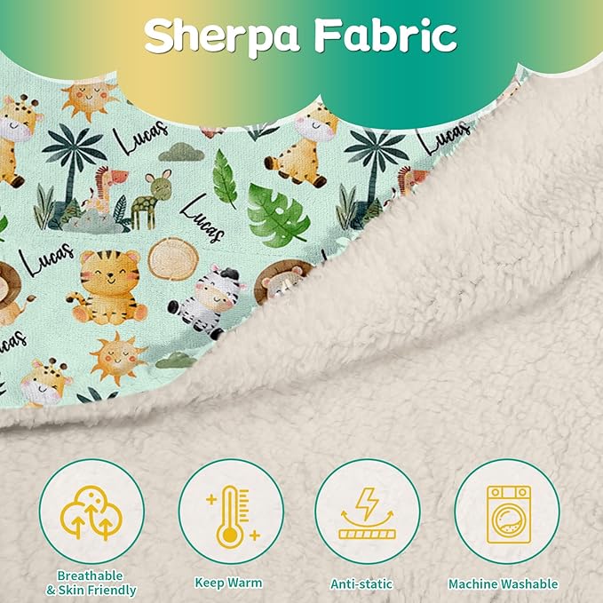 Custom Safari Animals Blanket Gift, Personalized Baby Blanket with Name, Soft Plush Flannel/Sherpa Fleece Throw Blankets for Toddler Kid Teen Boys Girls Color04