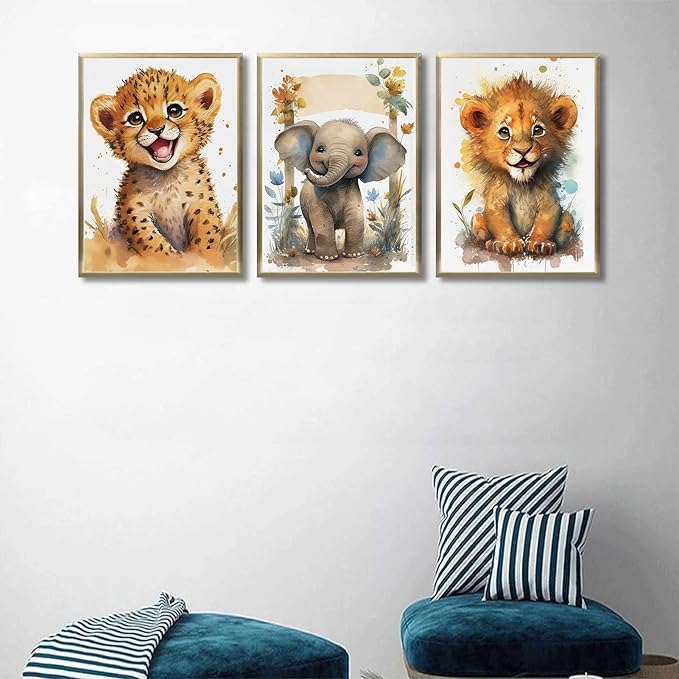 3Pcs Baby Safari Animal Wall Art Jungle Watercolor Animal Wall Decor Picture Painting Nursery Poster Prints Artwork for Boy Girl Room Home Decoration Unframed 16x24 In
