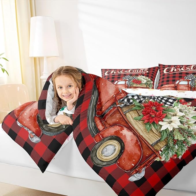 Kids Christmas Truck Comforter Set Queen Size,Floral Leaves Romantic Bedding,Girls Boys Adults Bedroom/Xmas Cabin Decor,Geometric Plaid Retro Down Comforter,Rustic Farm Duvet Insert,2 Pillowcases