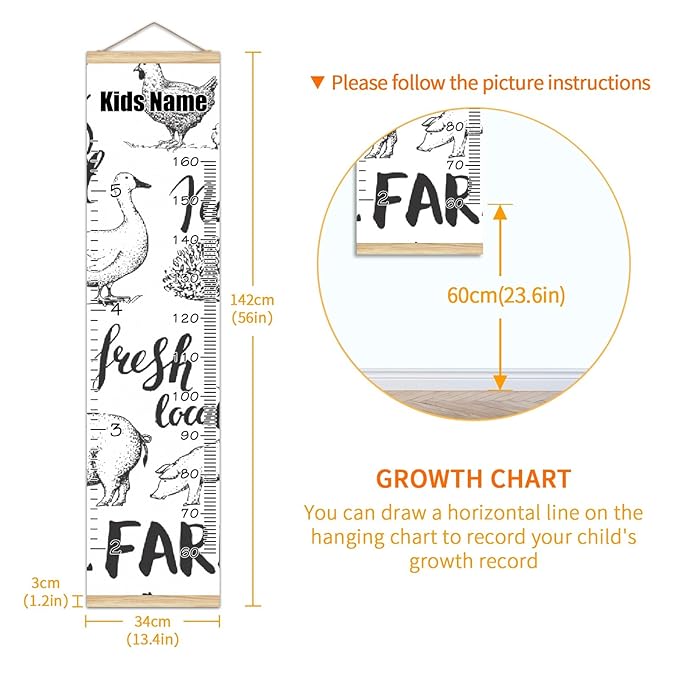 Personalized Kids Name Growth Chart Ruler for Wall Wood Frame Height Measure Chart 13.4x56 in Linen Hanging Height Growth Chart Farm Animal Cow Pig Rooster Kids Room Decor