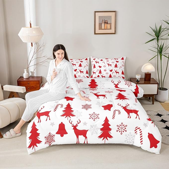 Feelyou Merry Christmas Bedding Set Soft for Boys Girls, Xmas Tree Reindeer Comforter Set Queen Size Candy Cane Bell Duvet Quilt Microfiber Snowflake Bedroom Decor 3 Pcs with 2 Pillow Cases