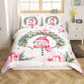 Manfei Christmas Kids Duvet Cover Set Twin Size, Cute Snowman Holly Leaf Bedding Set for Boys Girls Adult, Pink Bowknot Xmas Comforter Cover, Lightweight Bedspread Cover, 1 Pillowcase, No Comforter