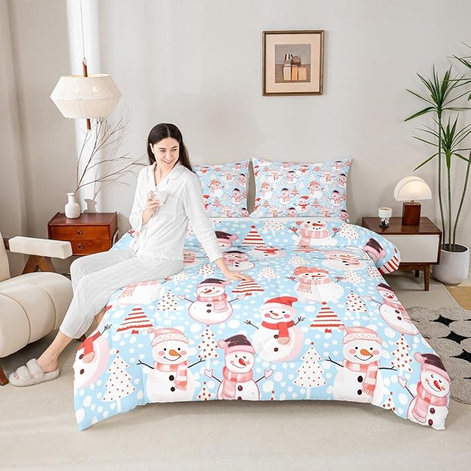 Manfei Christmas Comforter Set King Size, Snowman and Xmas Trees Bedding Set 3pcs for Kids Girls Adults Bedroom Decor, New Year Blue Down Comforter Soft Polyester Quilt Set with 2 Pillowcases