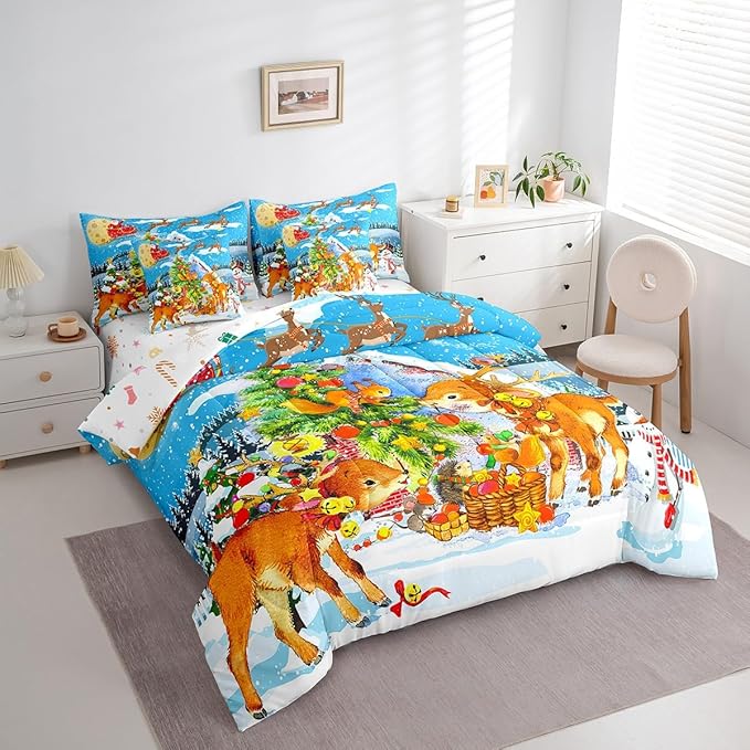 Christmas Decorations Bed in a Bag Xmas Deer Pine Tree Bed Set for Kids Boys Girls Merry Christmas Comforter Set with Sheets Winter Festival Present Bedding Set Bedding Queen Size