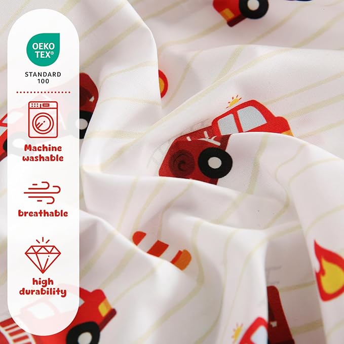 LONAVA Twin Kids Comforter Set - 4 Pieces Twin Bedding Sets for Boys Girls Children, Ultra Soft Microfiber Bed in A Bag with Flat Fitted Sheets, Fire Truck