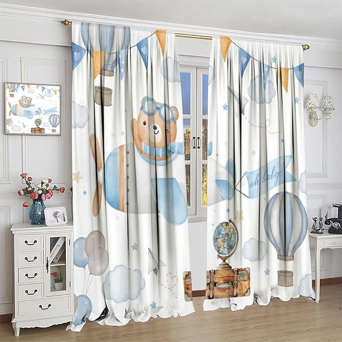 Blue Bear Curtains, Cute Lovely Bear Adventure Airplane Cloud Pastel Blackout Window Treatments, Rod Pocket Thermal Insulated Drapes 2 Panel Sets for Kids Bedroom Nursery Classroom, 52"W X 84"L