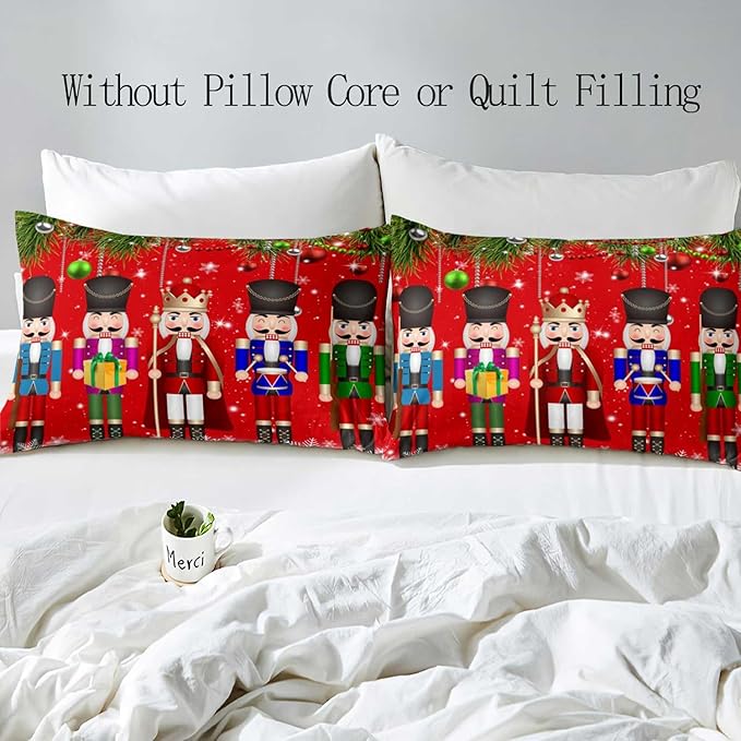 LUVIVIHOME 3PCS Christmas Nutcracker Duvet Cover King Bedding Set, Teens Boys Girls Kids Bedding, Christmas Balls Snowflake Winter Holiday Festival Xmas Gifts Red Comforter Quilt Cover, 2 Pillow Shams