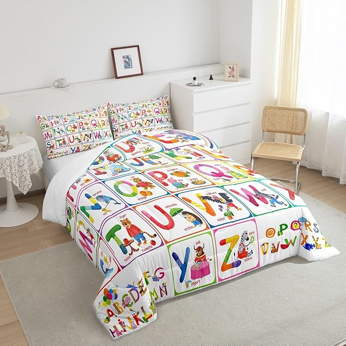 Feelyou ABC Alphabet Bedding Set Full, Cartoon Zoo Animal Comforter Educational Learning Comforter Set for Kids Boys Girls Colorful Alphabet Duvet Set with 2 Pillow Case