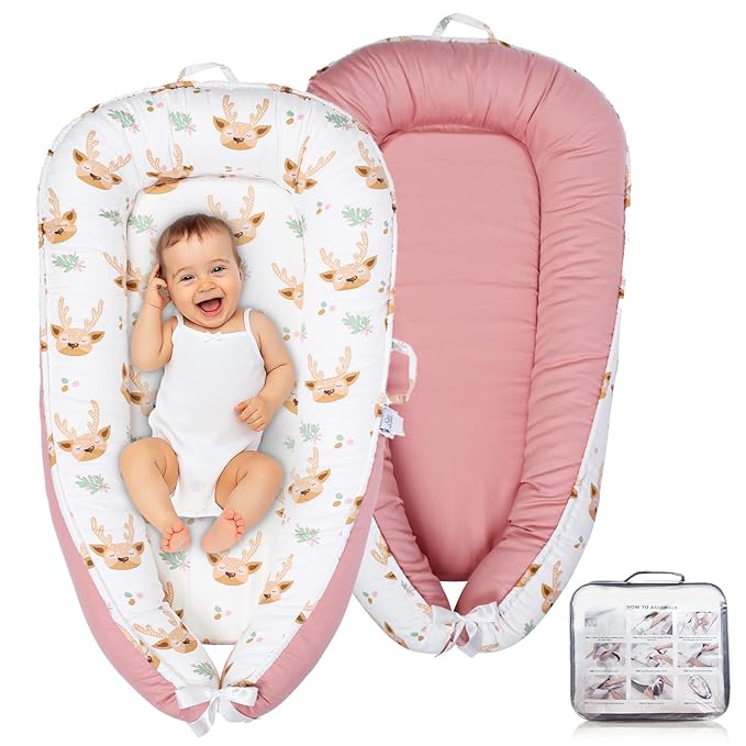 Baby Lounger – Infant Lounger for Newborn 0–24 Months, Baby Nest Lounger, Portable Newborn Lounger, Soft Breathable Cotton, Essentials for Babies at Home and Travel (Pink)