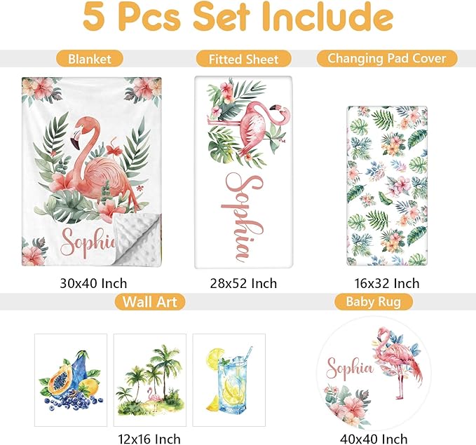 Personalized Baby Crib Bedding Set, 5 Pcs Custom Name Nursery Bedding Set, Flamingo Baby Bedding Set for Girls Boys, Double Layer Flannel Baby Crib Set, Toddlers Kids Infants Customized Gifts