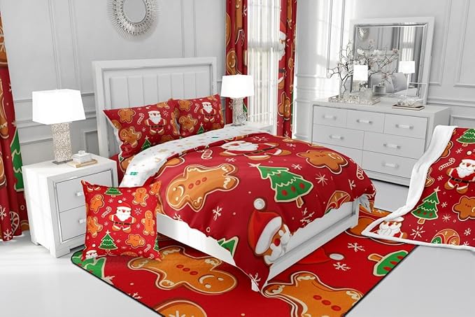 Feelyou Christmas Kids Comforter Set Toddler Size Santa Bedding Set Gingerbread Man Duvet Quilt for Kids Boys Girls Bedroom Xmas Tree Snowflake Decor Microfiber Ultra Soft Breathable