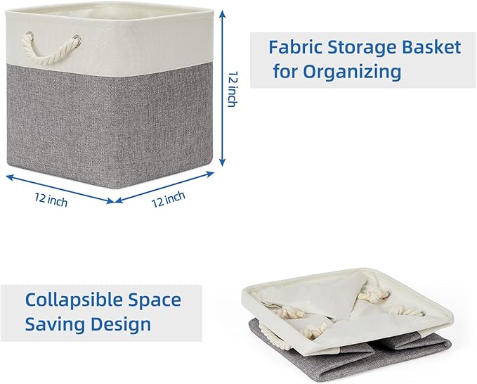 Temary Fabric Baskets 12 Inch Storage Cubes Basket with Handle, Clothes Baskets for Gift, Large Bins for Organizing Books, Blankets (White&Gray)