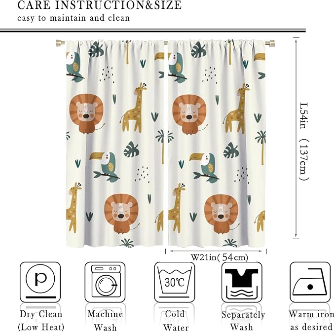 Cute Lion Window Curtains for Kids Bedroom,Cartoon Woodland Jungle Forest Wildlife Little Lion Giraffe Owl Palm Tree Printed Pattern Blackout Drapes for Living Room Baby Nursery Room 42x54 Inch