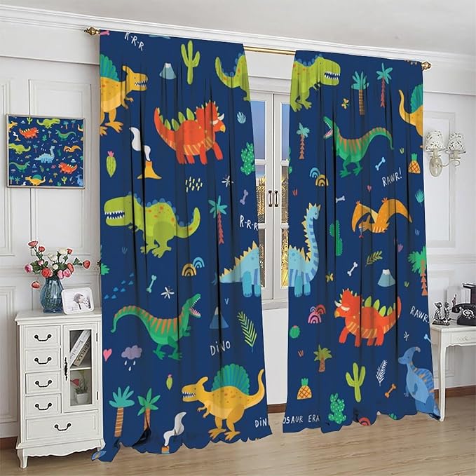Funny Dinosaur Blackout Curtains Colorful Cartoon Animals Dino Tropical Plant Art Print for Kids Boys Bedroom Living Room Rod Pocket Decoration Window Drapes 2 Panels W21xL45in
