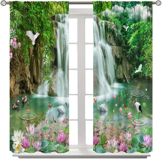 Scenery Waterfall Blackout Curtains, China Country Landscapes Nature Pattern Window Drapes, for Bedroom Living Room 42" W X 54" L