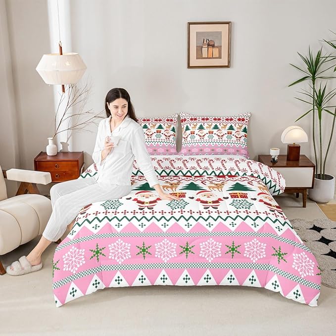 Feelyou Merry Christmas Comforter Set All Season Santa Claus Bedding Set with 2 Pillow Cases Cute Deer Microfiber Kids King Bedclothes Snowflake Bedroom Decor Duvet Quilt Breathable Soft