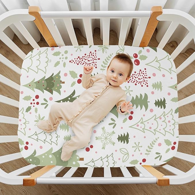 Cartoon Christmas Tree Crib Sheets for Boys Girls Pack N Play Sheet Soft Breathable Mini Crib Sheets 39" x 27"