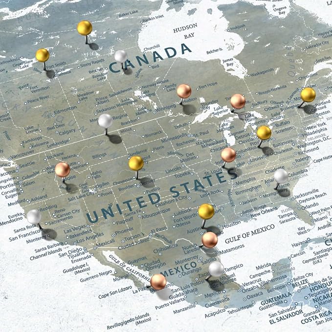 ElephantStock - Home With You II Push Pin World Map Wall Art - Horizontal Canvas Wall Art - Living Room Wall Decor - Digital Art Map Canvas Art - Blue And Gray Decor - 30" x 20"