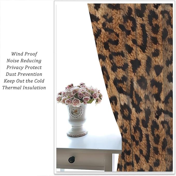 Leopard Print Window Curtains, Animal Fur Skin Brown Farmhouse Wild 3D Rustic Safari Theme Window Treatments for Kids Bedroom Living Room 42" W X 45" L